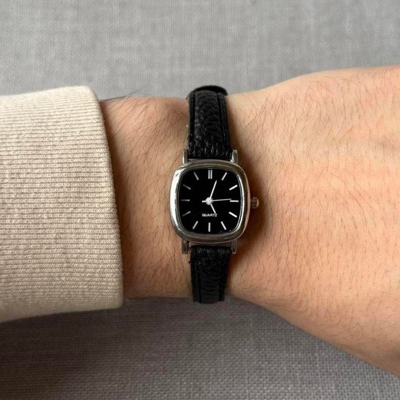 Black Leather Vintage Style Watch Mens, Women's