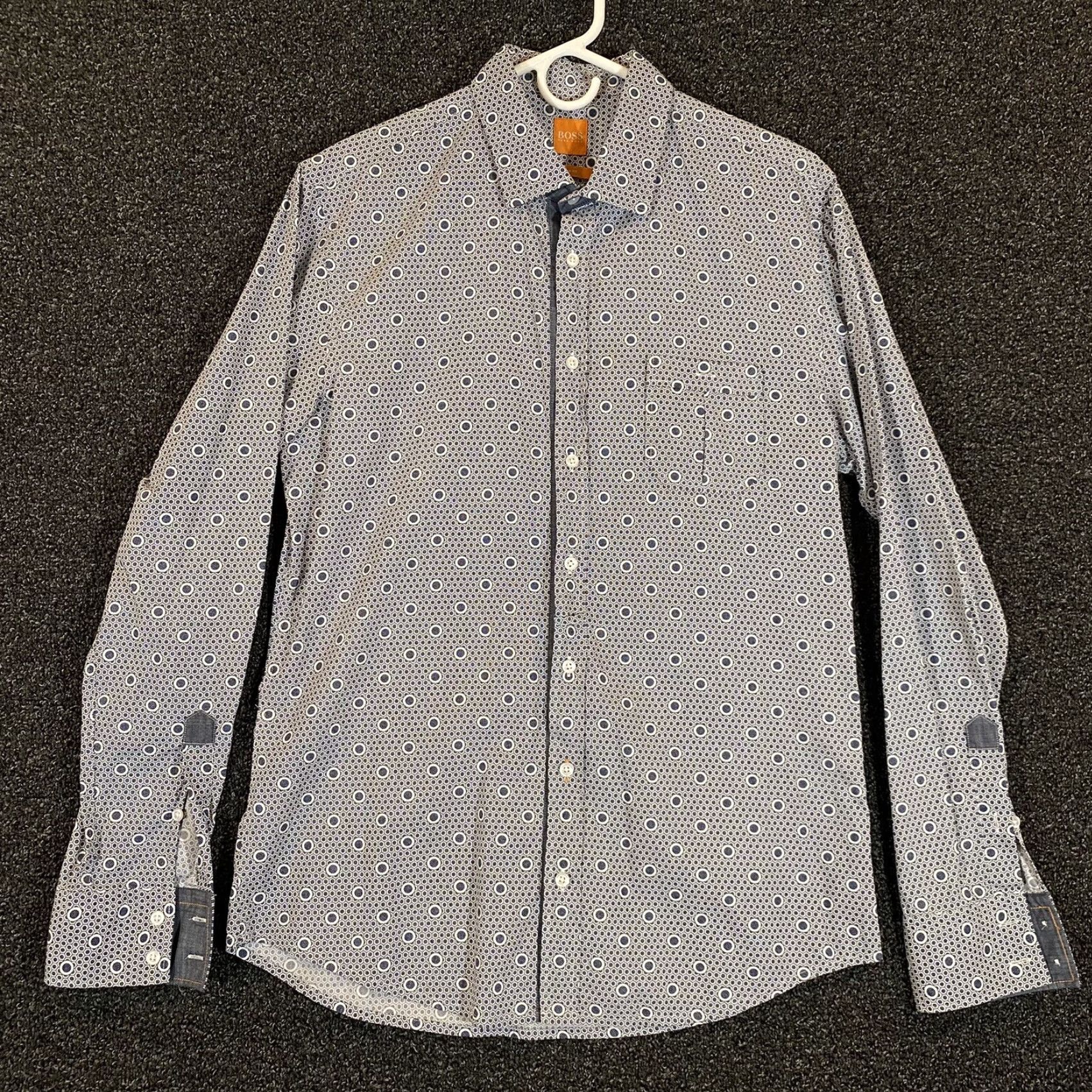 Hugo Boss HUGO BOSS Orange Shirt Mens Large Slim Fit White Blue Button Up L/S Circle Shirt Button-Up Slim Fit Mens White Blue HUGO BOSS Mens Shirts Size US L / EU 52-54 / 3 - 2 Thumbnail