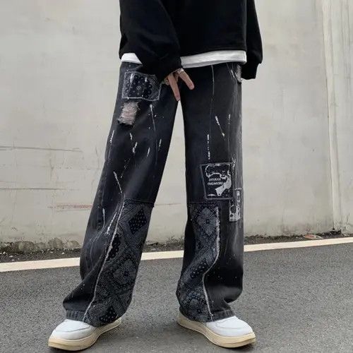 Jean Bandana Patchwork Straight Leg Baggy Jeans Size US 30 / EU 46 - 2 Thumbnail
