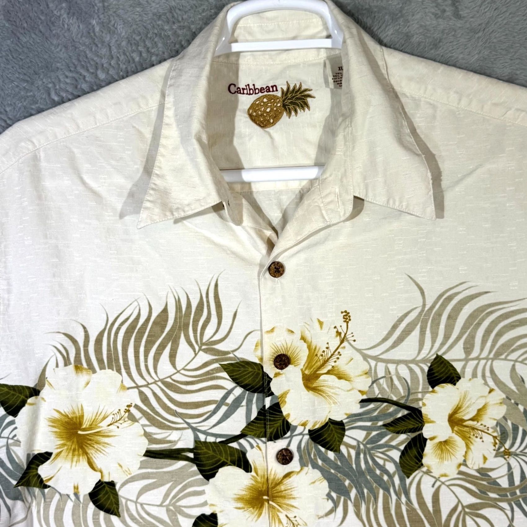 Vintage Caribbean Shirt XLT Button-Up Shirt Men Floral Cream Silk Cotton Short Sleeve Tropical Hawaiian Shirt Size US XL / EU 56 / 4 - 4 Thumbnail
