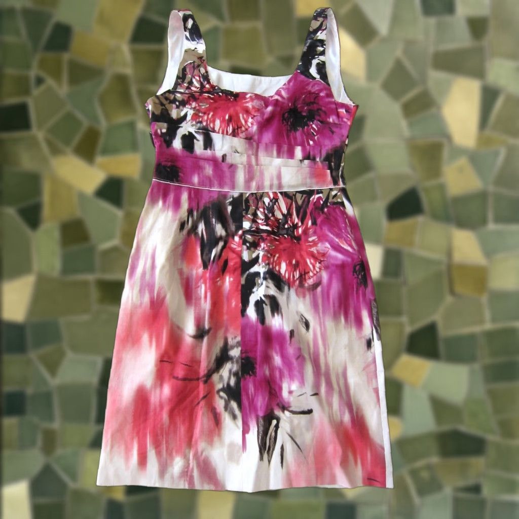 Tahari Cotton Stretch Pink Brown Black Abstract Tie Dye Empire Tank Dress Size 8