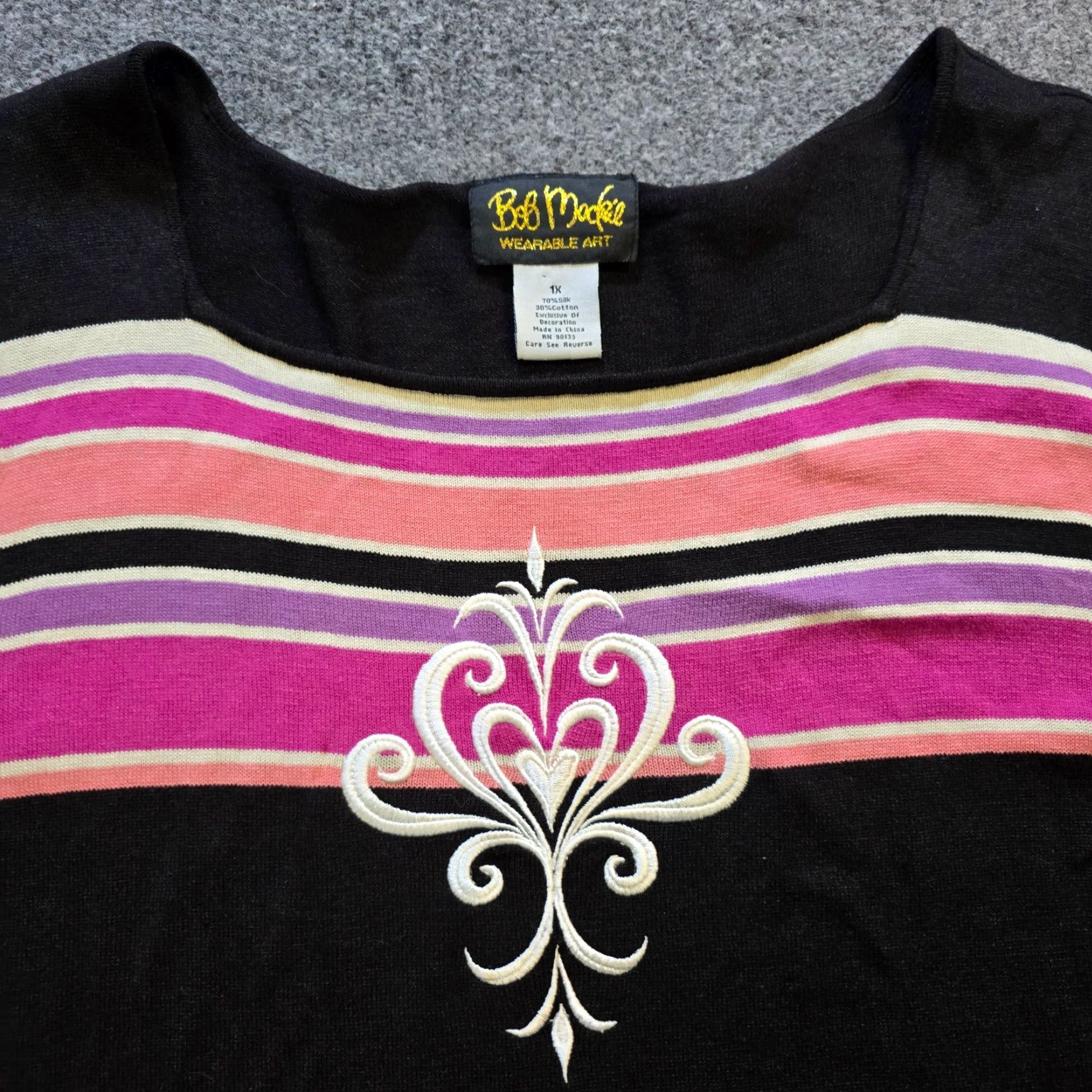 Bob Mackie Bob Mackie Sweater Womens 1X Black Silk Blend Pink Embroidery Casual Knit Pullover Round Neck 3/4 Sleeve Lightweight Vintage No? Size XL / US 12-14 / IT 48-50 - 2 Thumbnail