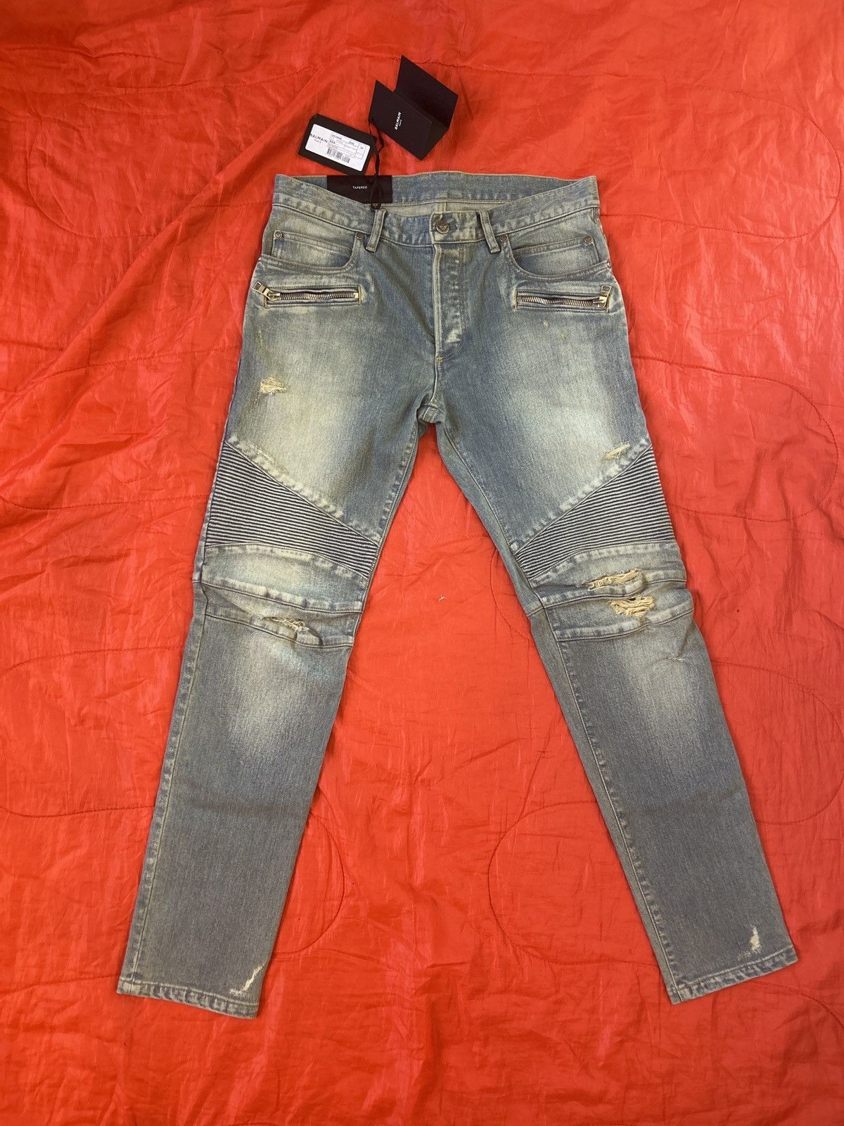 image of 2021 W/ Balmain Jeans Biker Tapered 32 in Blue, Men's