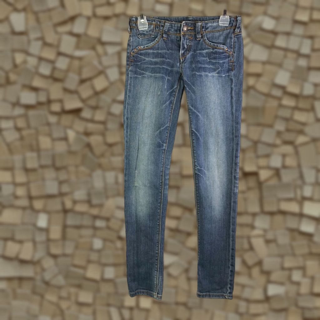 Denime Source of Wisdom Juniors Size 0 Mid Rise Skinny Dark Wash Blue Denim Jeans Womens Jeans Skinny 30 Inseam Regular Rise 8.5-10.5 in Zip Cotton Denim Size 25" / US 0 / IT 36 - 1 Thumbnail