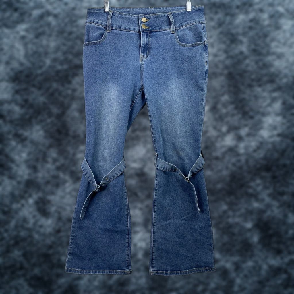Cider Cider Jeans Womens XL Flare Knee Straps Stretch Denim Grunge Hipster Hippie Y2K Size 26" / US 2 / IT 38 - 1 Thumbnail