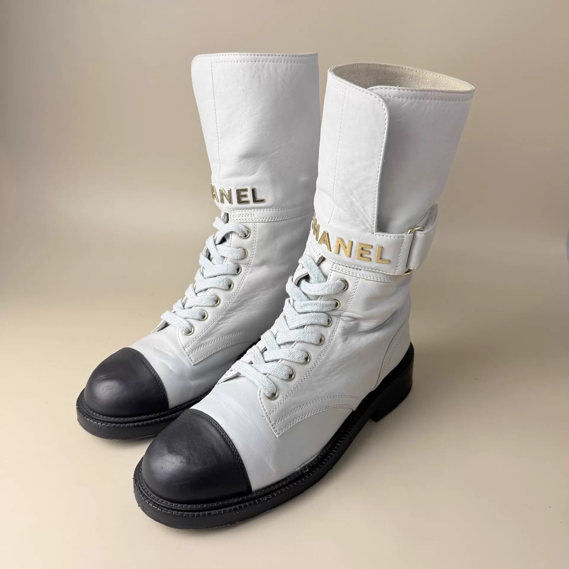 Chanel CHANEL black gray gold lettering mid-calf boots EU37 mint Size US 6.5 / IT 36.5 - 1 Thumbnail