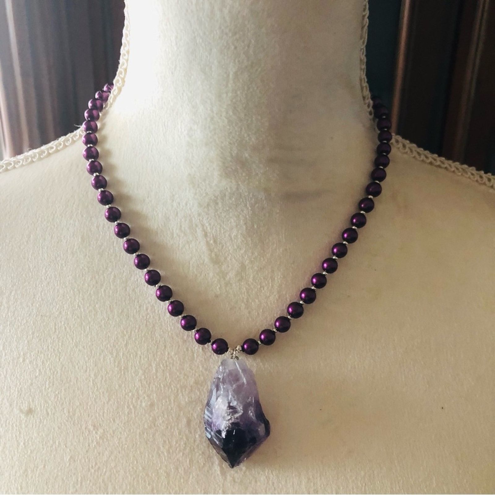 Handmade Handcrafted repurpose genuine amethyst slab Pearl necklace Size ONE SIZE - 3 Thumbnail