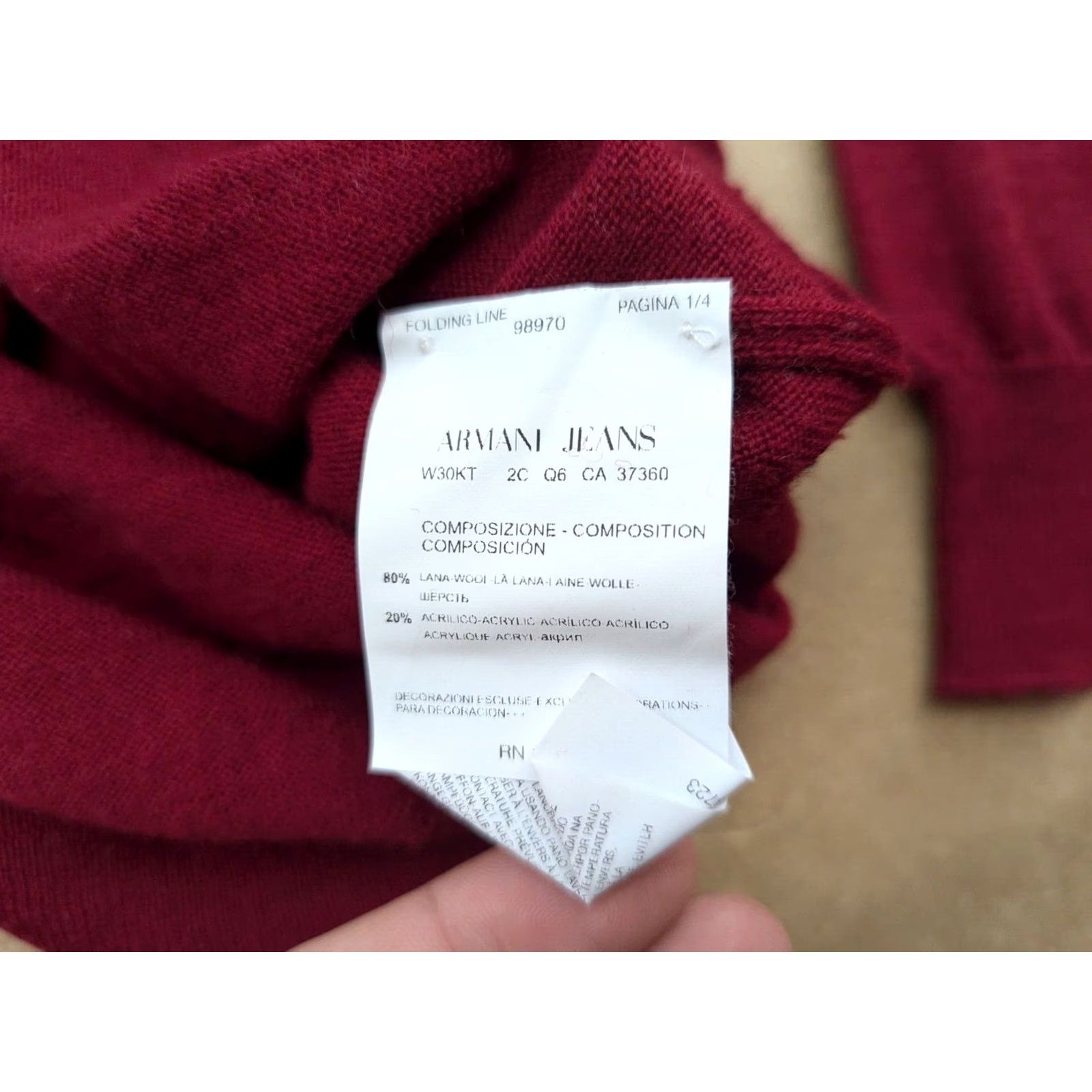 Vintage Armani Jeans Sweater Mens XL Red Wool Jumper V-Neck Long Sleeve Knit Pullover Classic 30th Anniversary 1981-2011 Size US XL / EU 56 / 4 - 5 Thumbnail