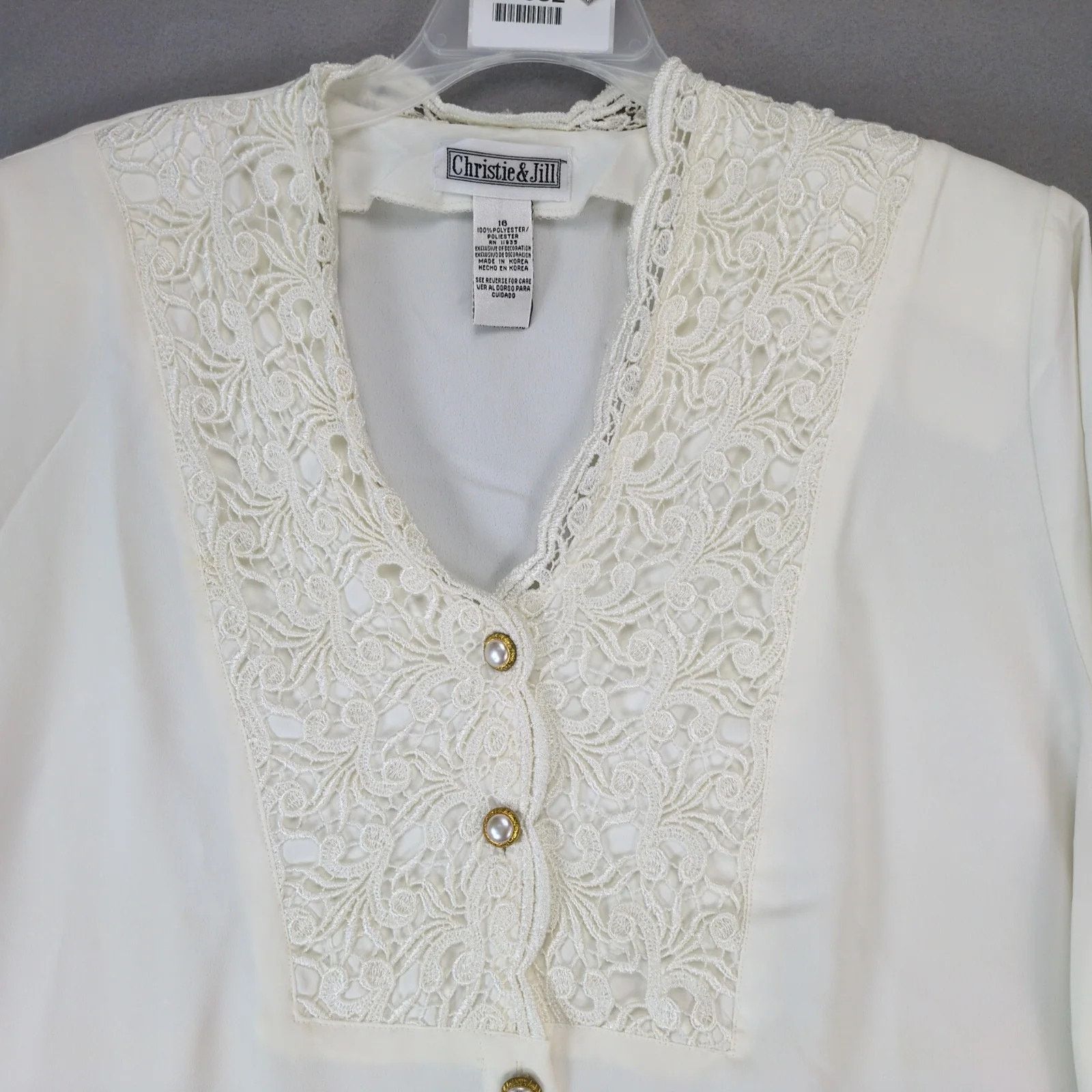Vintage Christie & Jill Ivory Crochet Lace Blouse Gold Pearl Buttons Size XXL / US 16-18 / IT 52-54 - 6 Thumbnail
