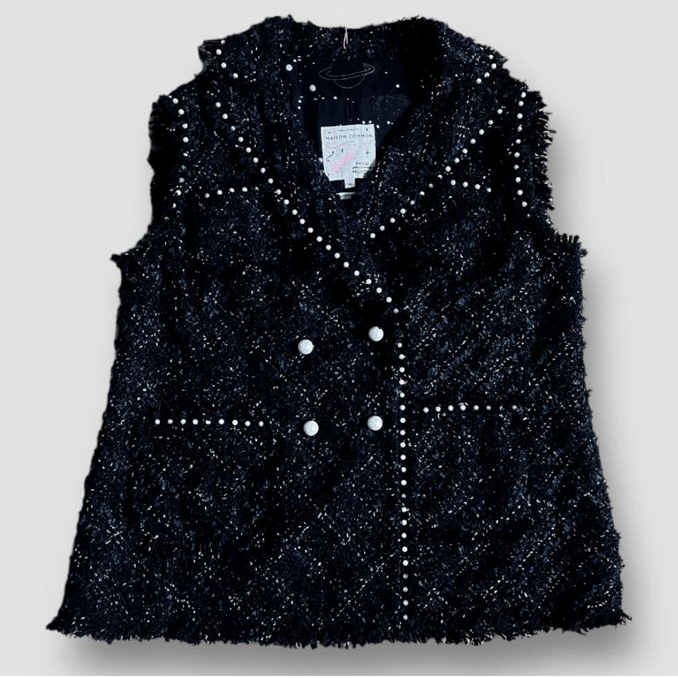 image of Maison Common Black Pearlescent-Beaded Tweed Vest | Size 16, Women's