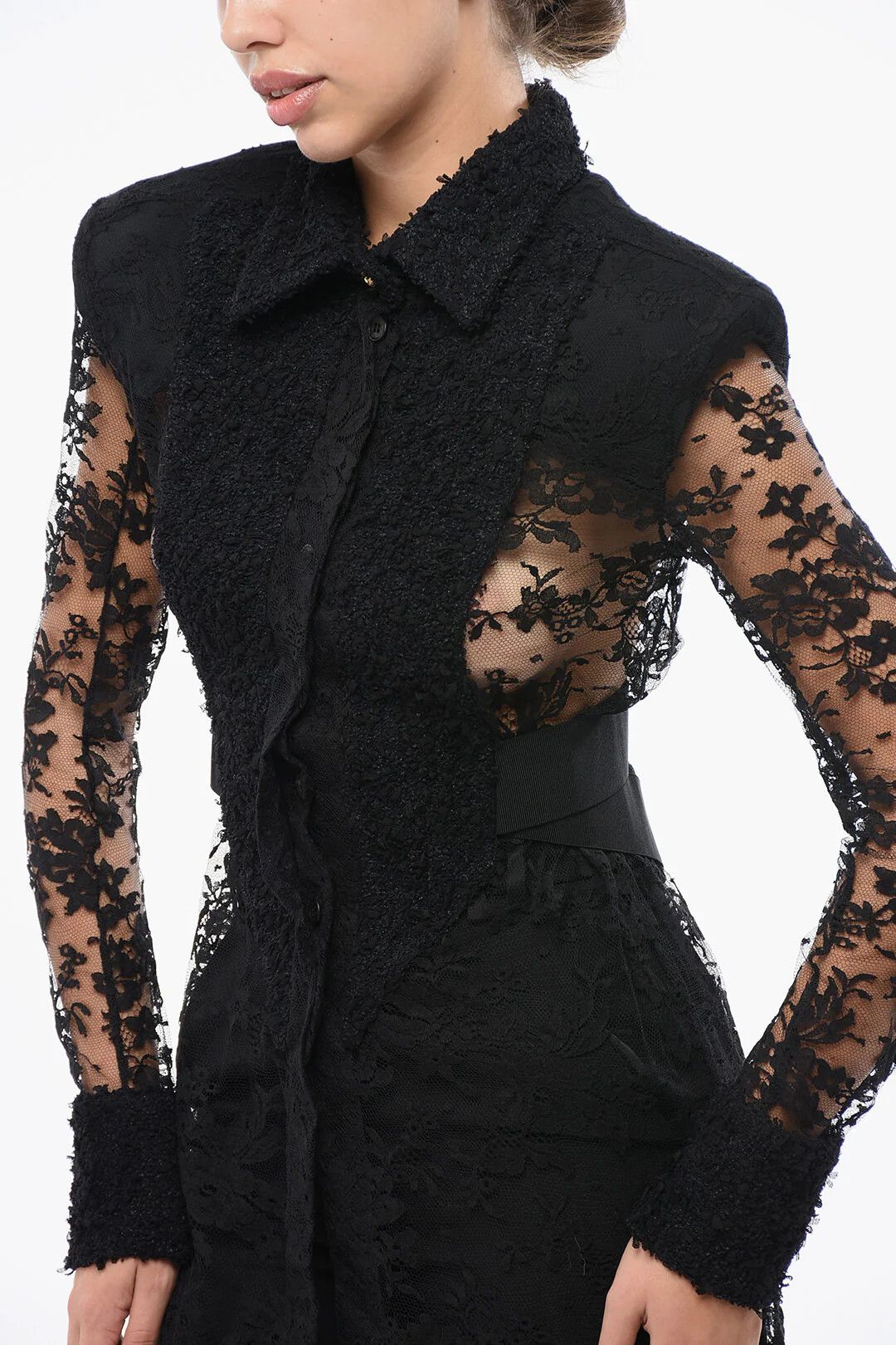 Balmain og1mm0326 Padded Shoulder Straps Lace Blouse in Black Size M / US 6-8 / IT 42-44 - 3 Thumbnail