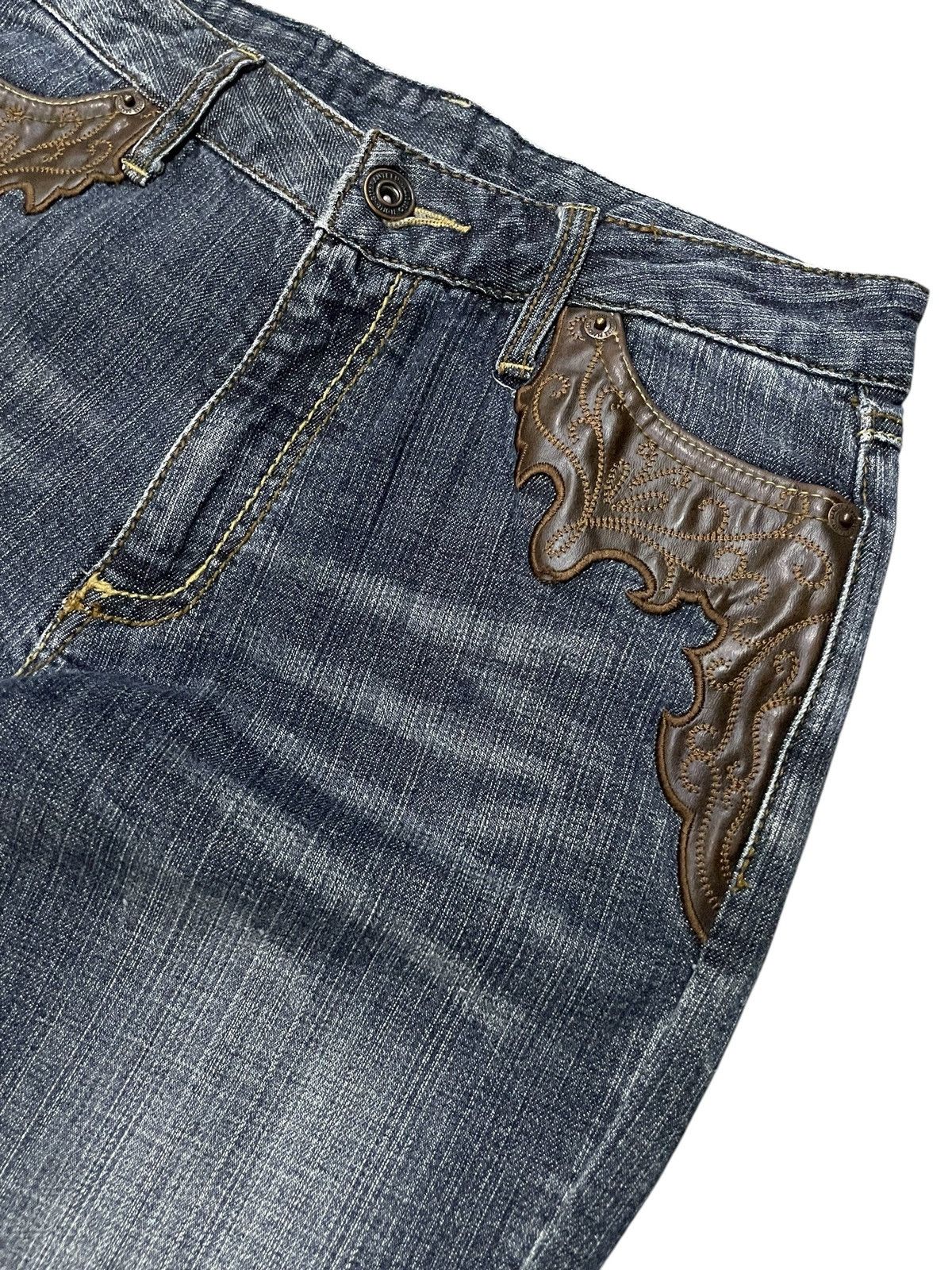 Japanese Brand × Tornado Mart Tornado Mart Style Tribal Leather Trimmed Flare Jeans Size US 26 / EU 42 - 8 Thumbnail