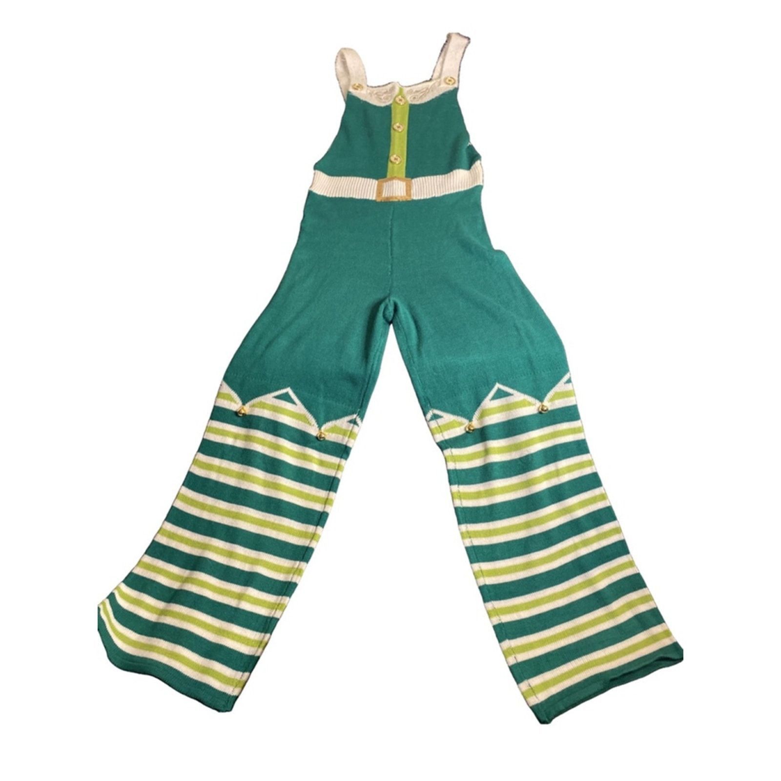 Other Y2K Striped Knit Jumpsuit Retro Green Wide Leg Overalls S Size 24" / US 00 / IT 34 - 2 Thumbnail