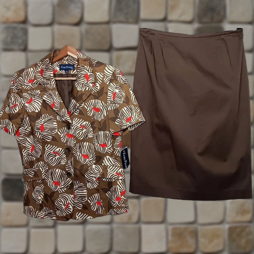 Evan Picone VINTAGE Evan Picone Skirt Suit Women's 2 Piece Brown Floral Short Sleeve Top New Size L / US 10 / IT 46 - 1 Thumbnail