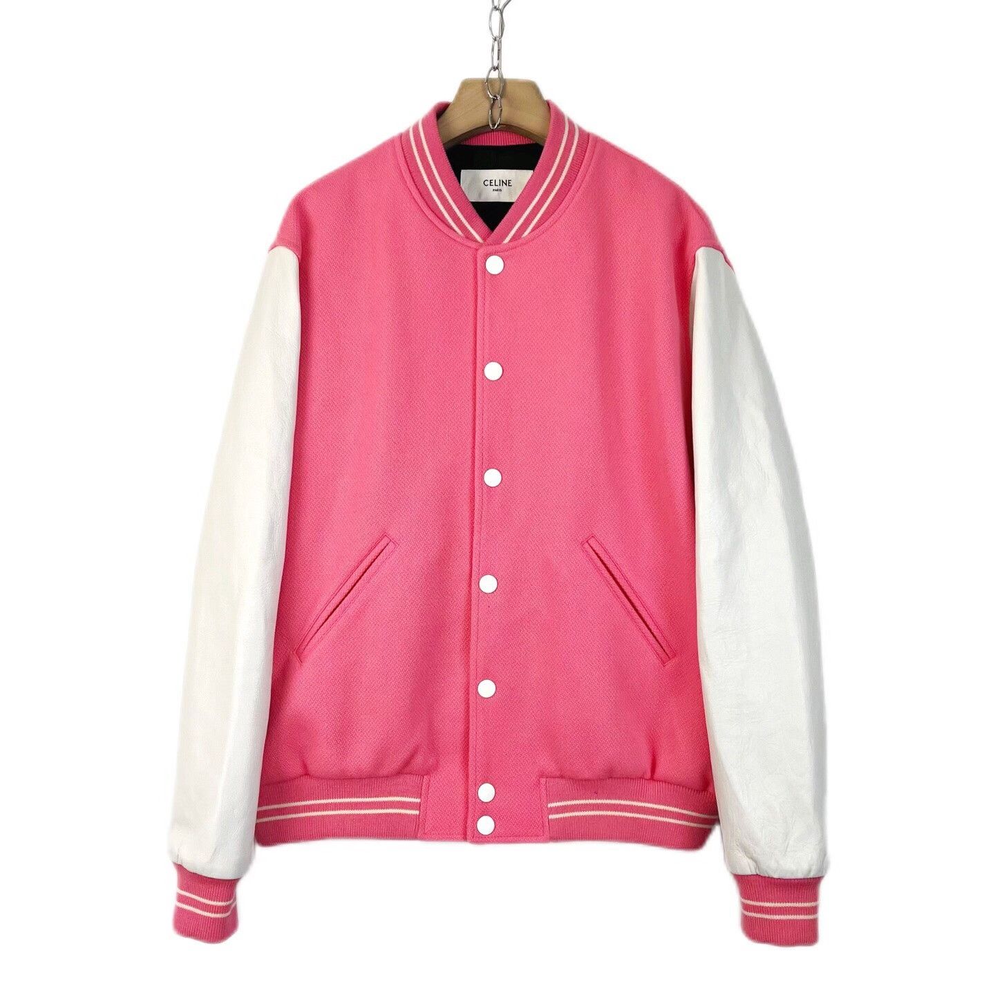 Celine Celine Pink White Leather Baseball Jacket Size XL / US 12-14 / IT 48-50 - 1 Thumbnail