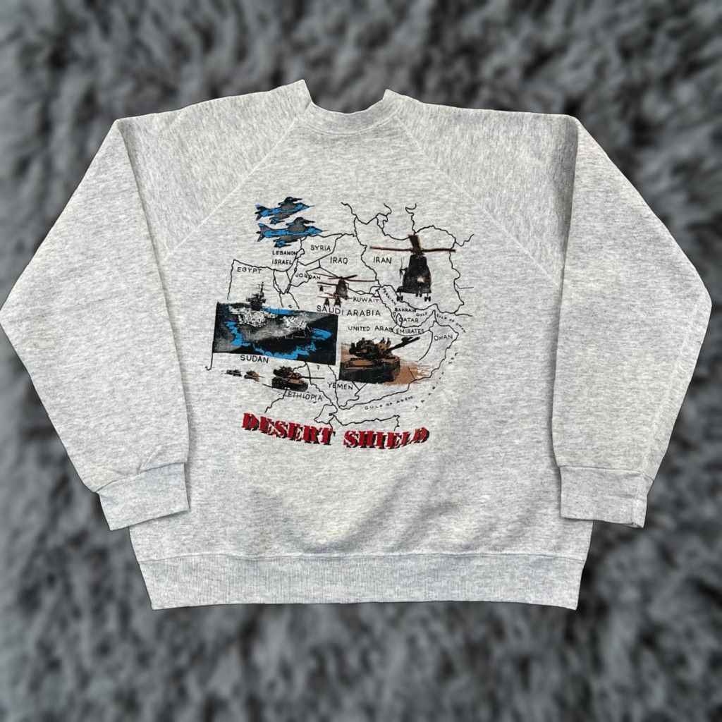 Vintage VINTAGE Desert Shield Sweatshirt Artex XL Gray Military USA Raglan Pullover Crew Neck Graphic Print 90s Size US XL / EU 56 / 4 - 1 Thumbnail