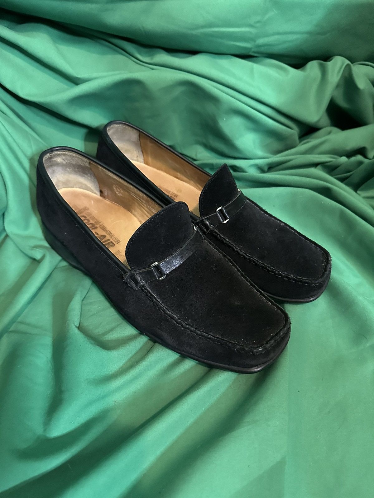 Black suede square toe loafers with leather straps