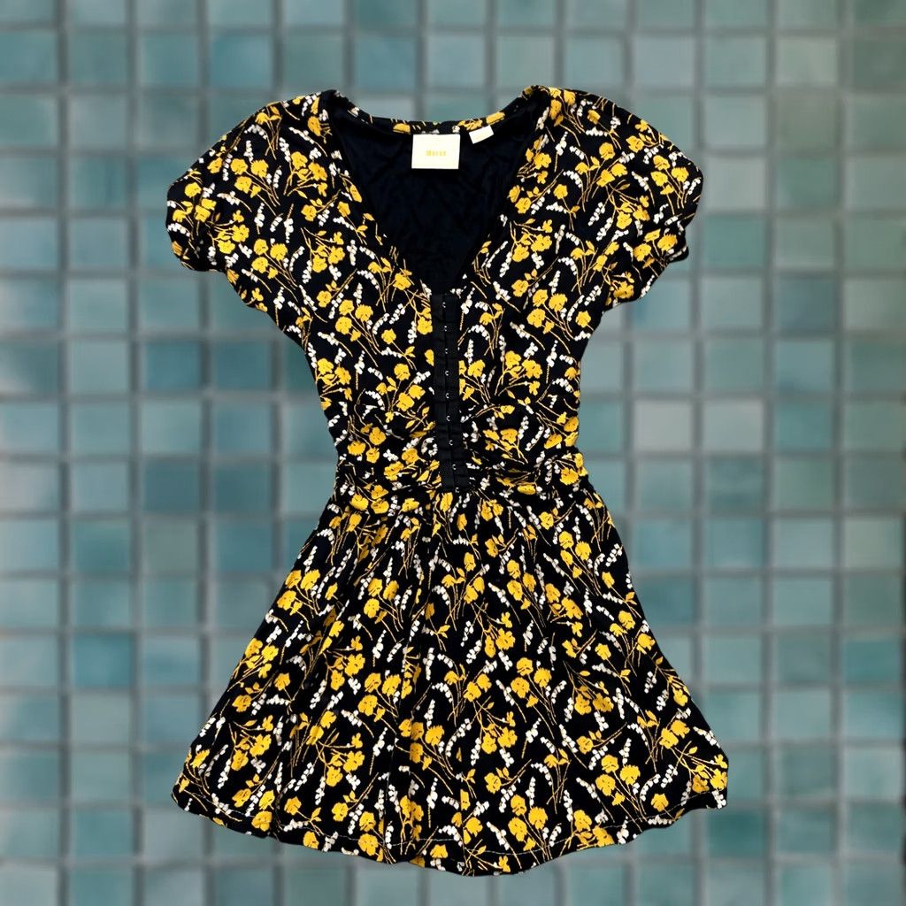 Anthropologie VINTAGE Maeve Dress Women S Black Yellow Floral Short Sleeve Fit Flare Anthropologie Size 28" / US 6 / IT 42 - 1 Thumbnail
