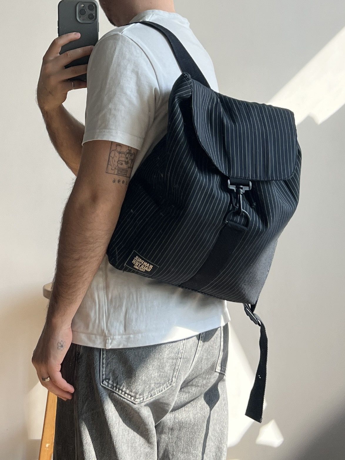Jean Paul Gaultier Jean Paul Gaultier Parfums Black Pinstripe Backpack Size ONE SIZE - 1 Thumbnail