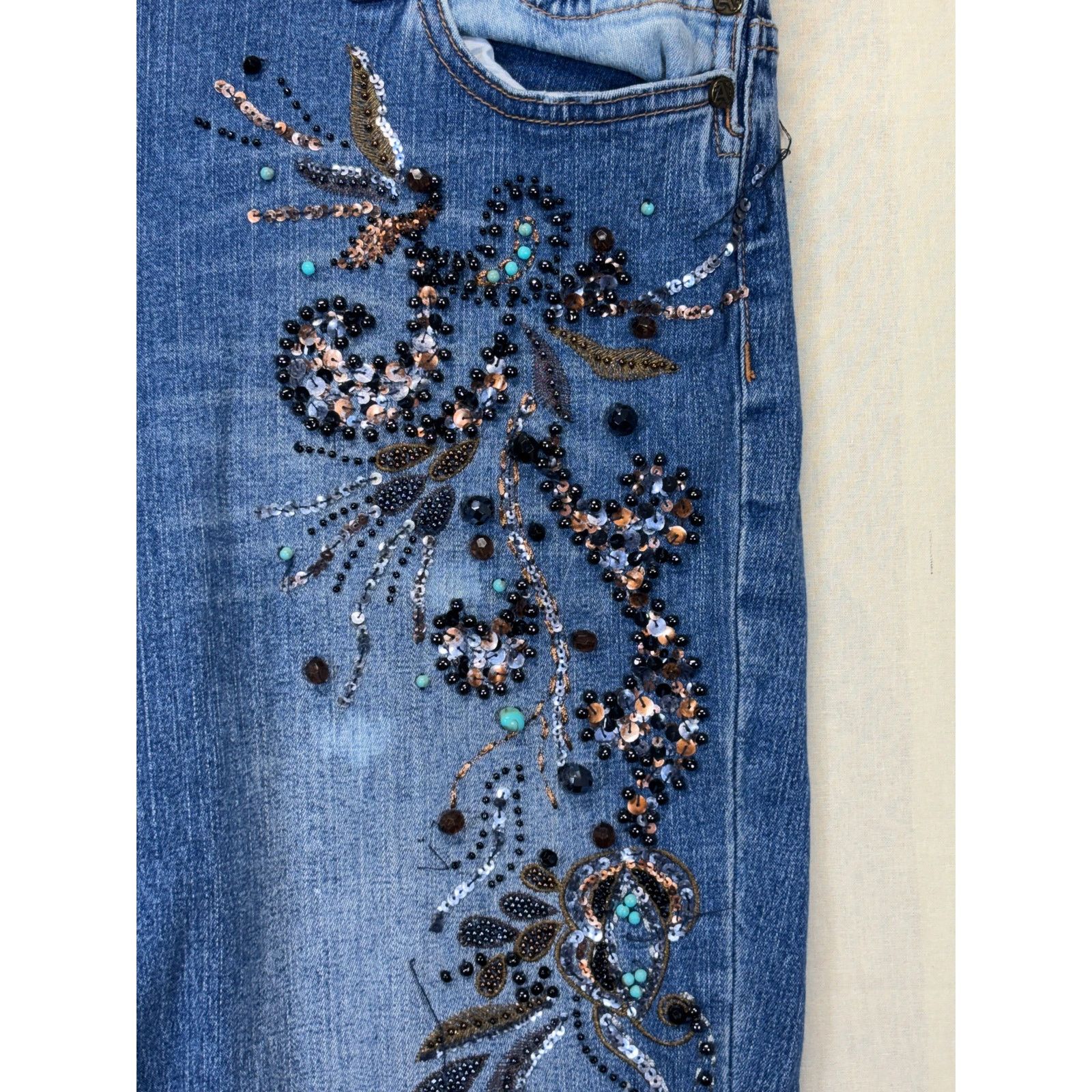 The Unbranded Brand Allen B Embellished Bootcut Jeans Blue Beaded Flare W32 Size 32" / US 10 / IT 46 - 11 Thumbnail