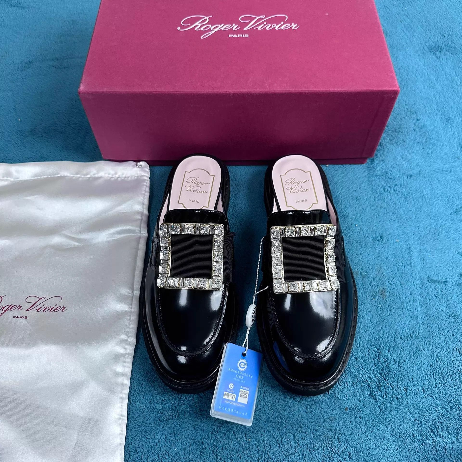 Roger Vivier RV Patent Leather Crystal Buckle Mule Black Size US 8 / IT 38 - 1 Thumbnail