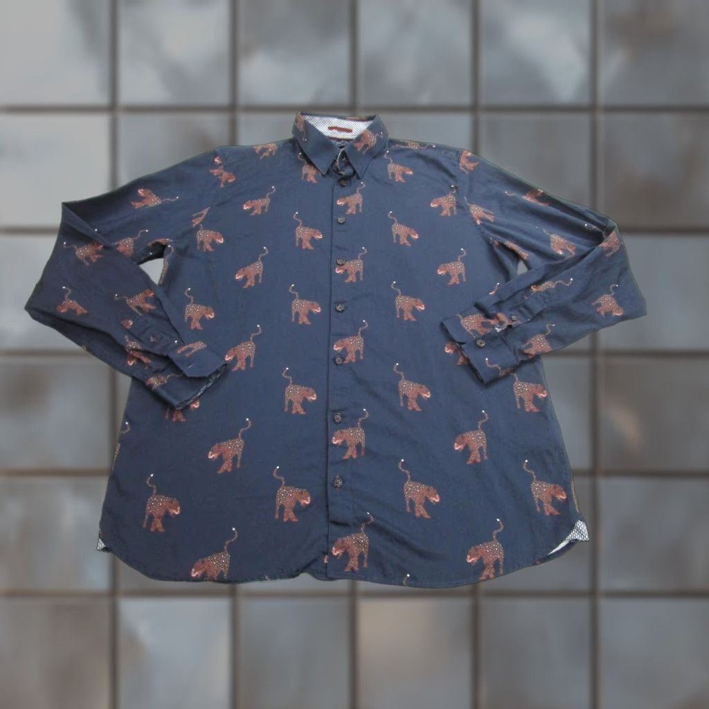 Ted Baker Shirt Mens 2XLT Navy Leopard Print Long Sleeve Button-Up
