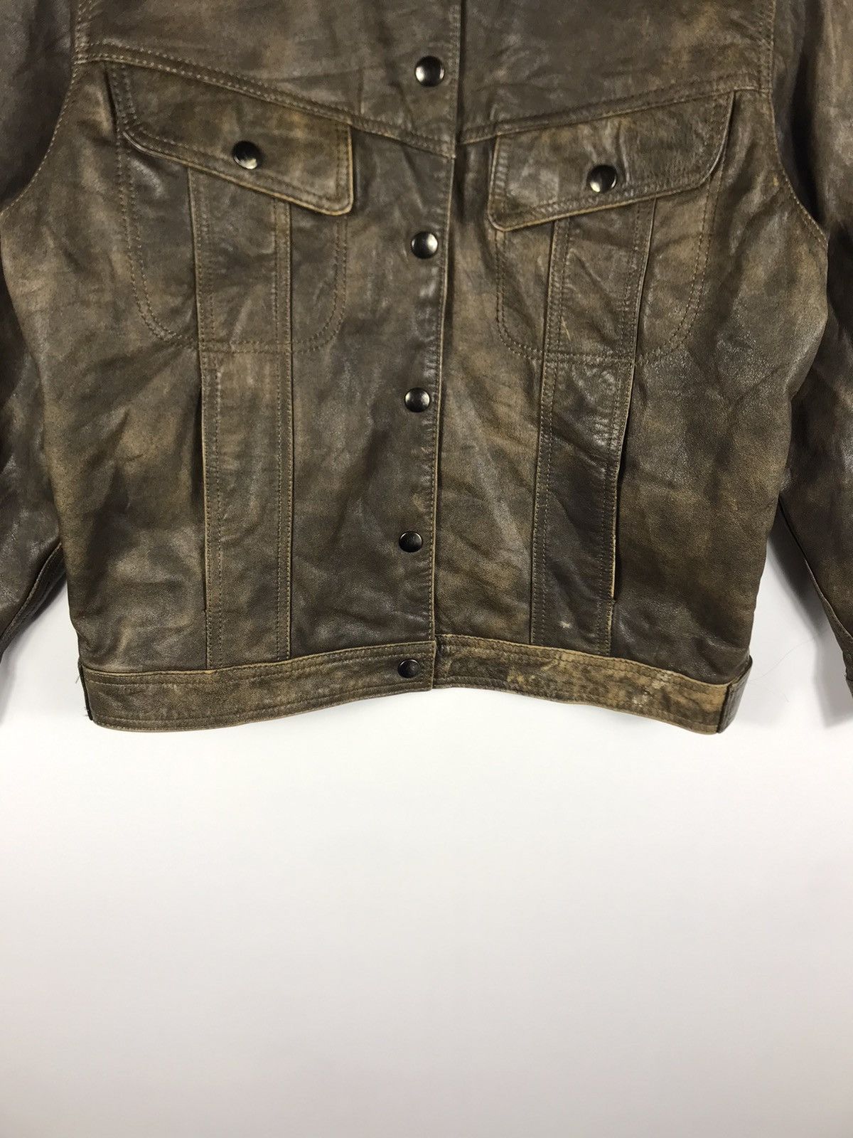 Japanese Brand × Vintage ⚡️Vintage Cross-Way Distressed Faded Leather Trucker Jacket Size XS / US 0-2 / IT 36-38 - 5 Thumbnail
