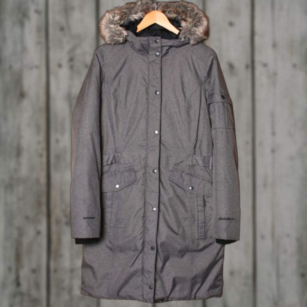 Eddie Bauer VINTAGE Eddie Bauer Weatheredge Superior Gray Hooded Down Stadium Parka Women's M Gray Parka with Detachable Faux Fur Trim Menss? Size M / US 6-8 / IT 42-44 - 1 Thumbnail