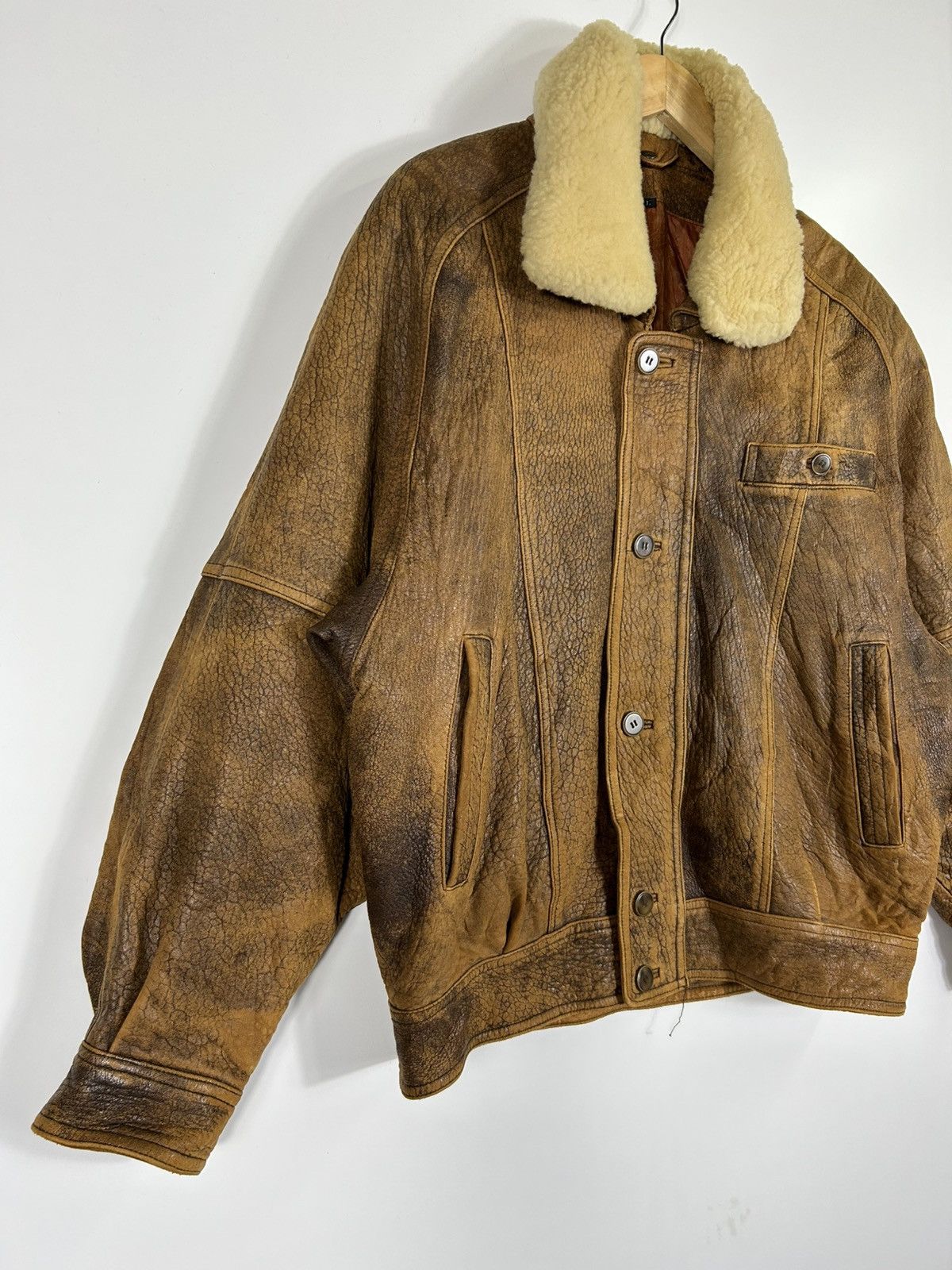 Leather ⚡️Vintage Button Zipper Distressed Leather Bomber Jacket Size US L / EU 52-54 / 3 - 2 Thumbnail