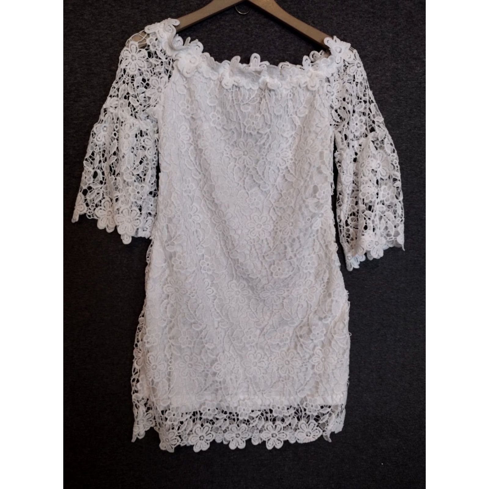 Vintage Auxo White Off Shoulder Floral Lace Short Dress 3/4 Sleeve M Womens Dress Floral Pattern Summer Spring Size 32" / US 10 / IT 46 - 2 Thumbnail
