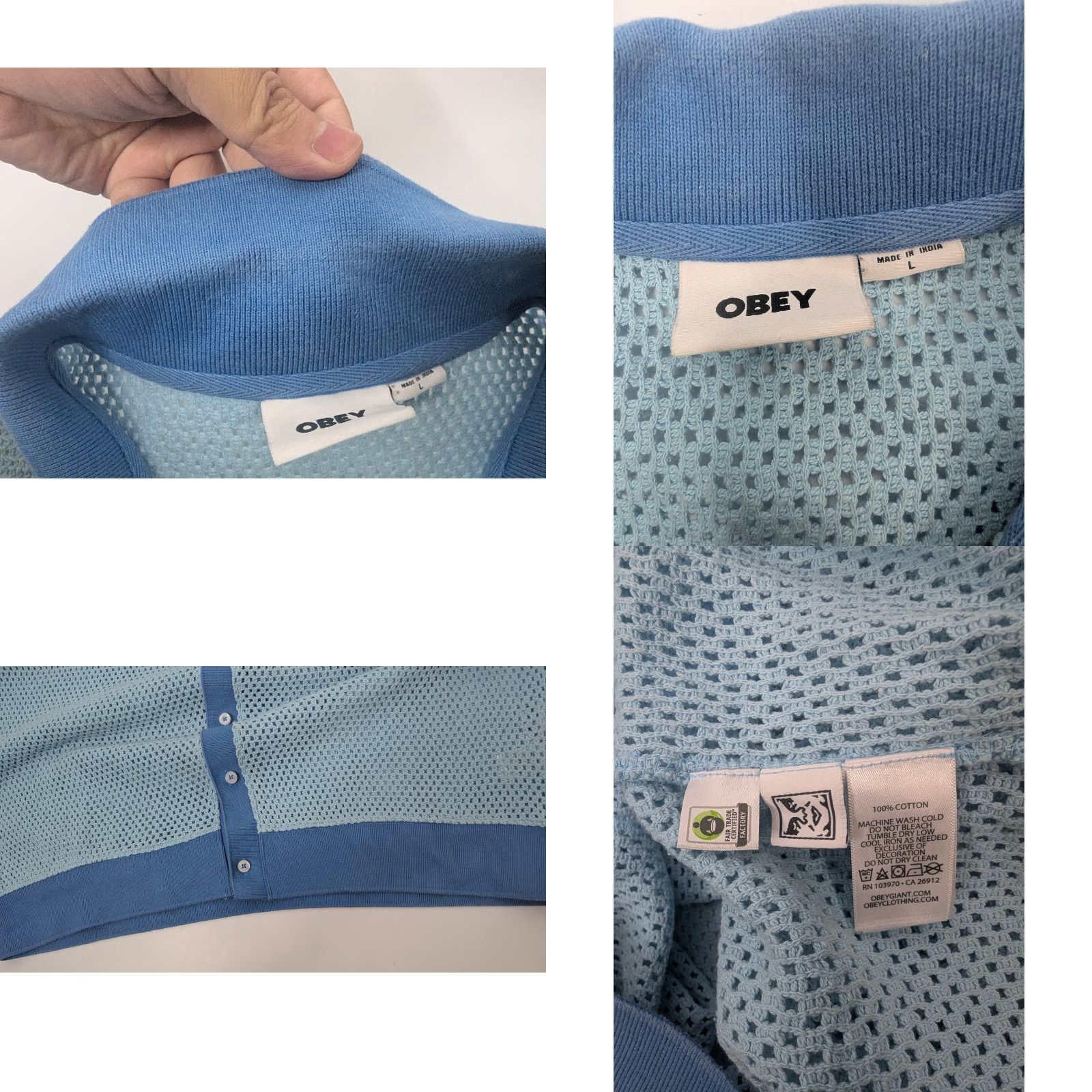 Obey OBEY Grove Button-Up Polo Shirt Mens Large Blue Short Sleeve Cotton Open Knit Shirt Size US L / EU 52-54 / 3 - 8 Thumbnail
