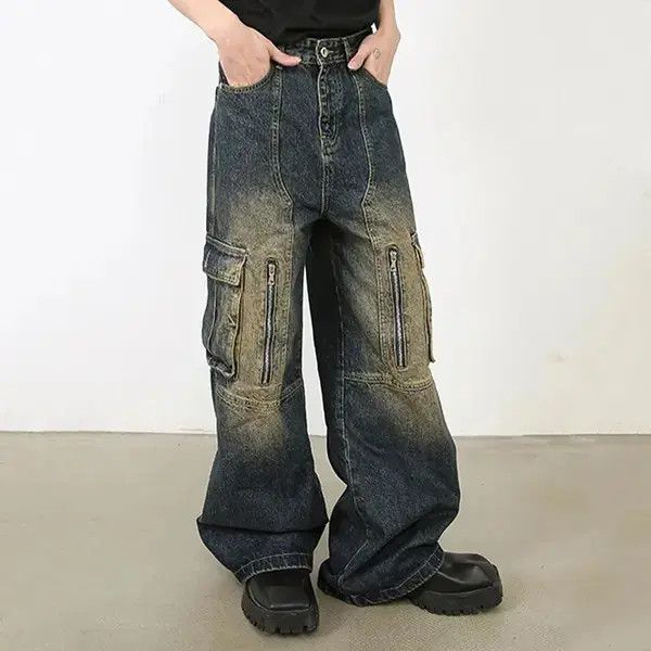 Jean Multi Pocket Retro Blue Baggy Jeans Size US 33 - 3 Thumbnail
