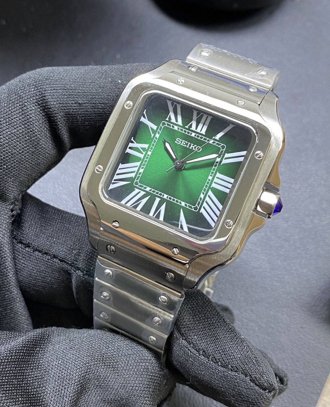 Japanese Brand Seiko Mod Santos Green Roman Dial Steel Watch NH35 41mm Size ONE SIZE - 1 Thumbnail
