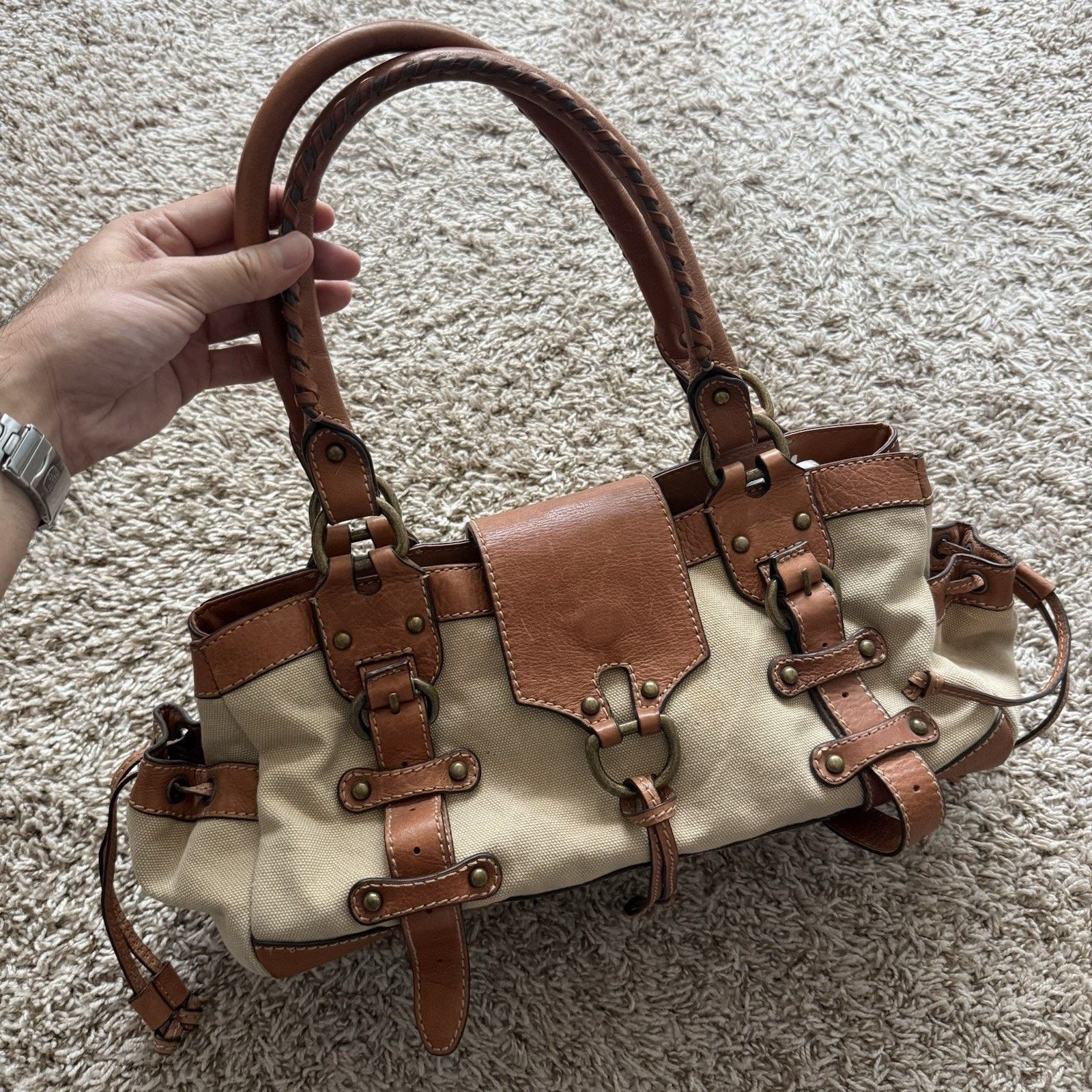 Vintage Y2K Etienne Aigner Canvas Leather Purse Shoulder Bag in Brown, Women's