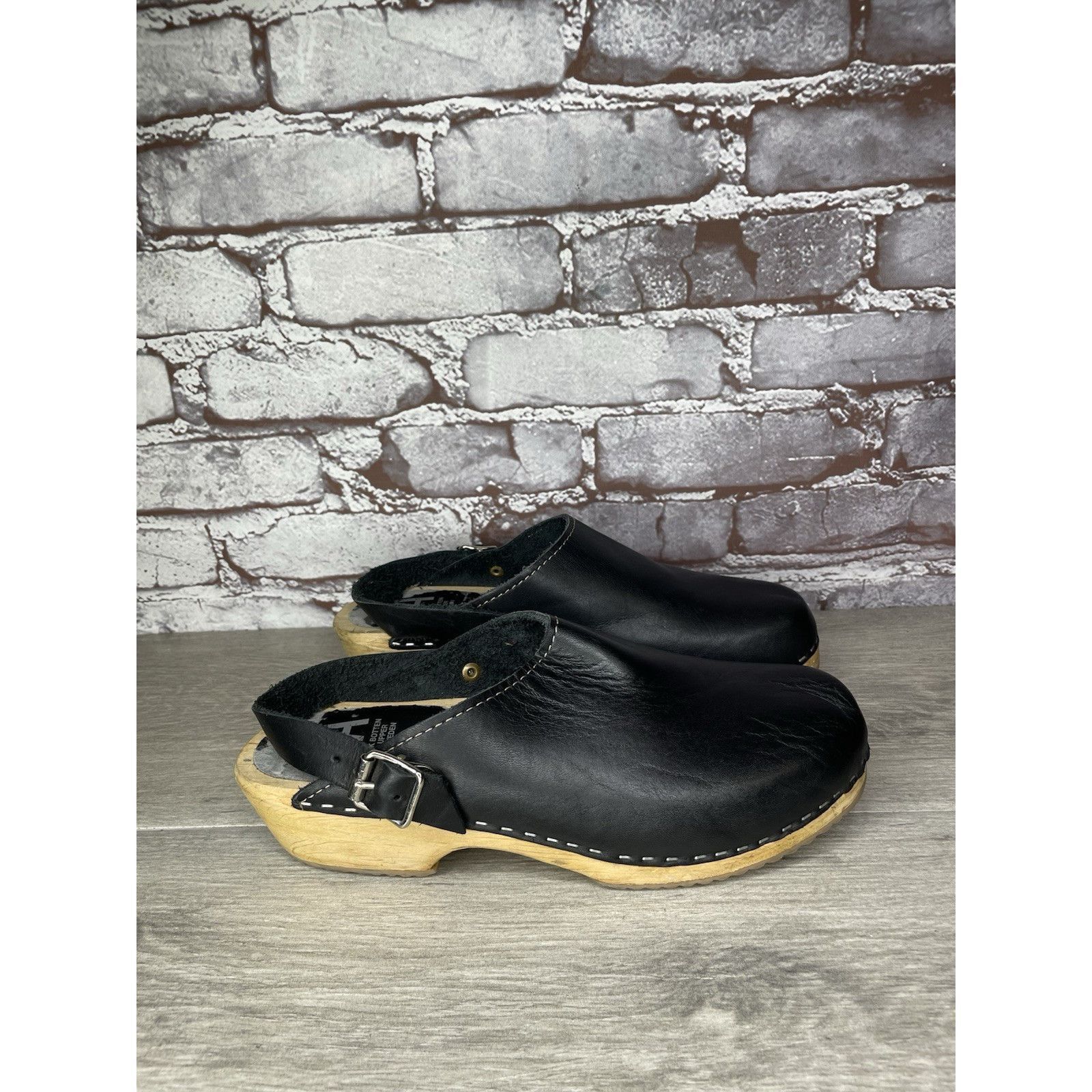 Miansai MIA Alma Swedish Black Leather Wooden Heel Strap Clogs Women Size US 9.5 / IT 39.5 - 14 Thumbnail