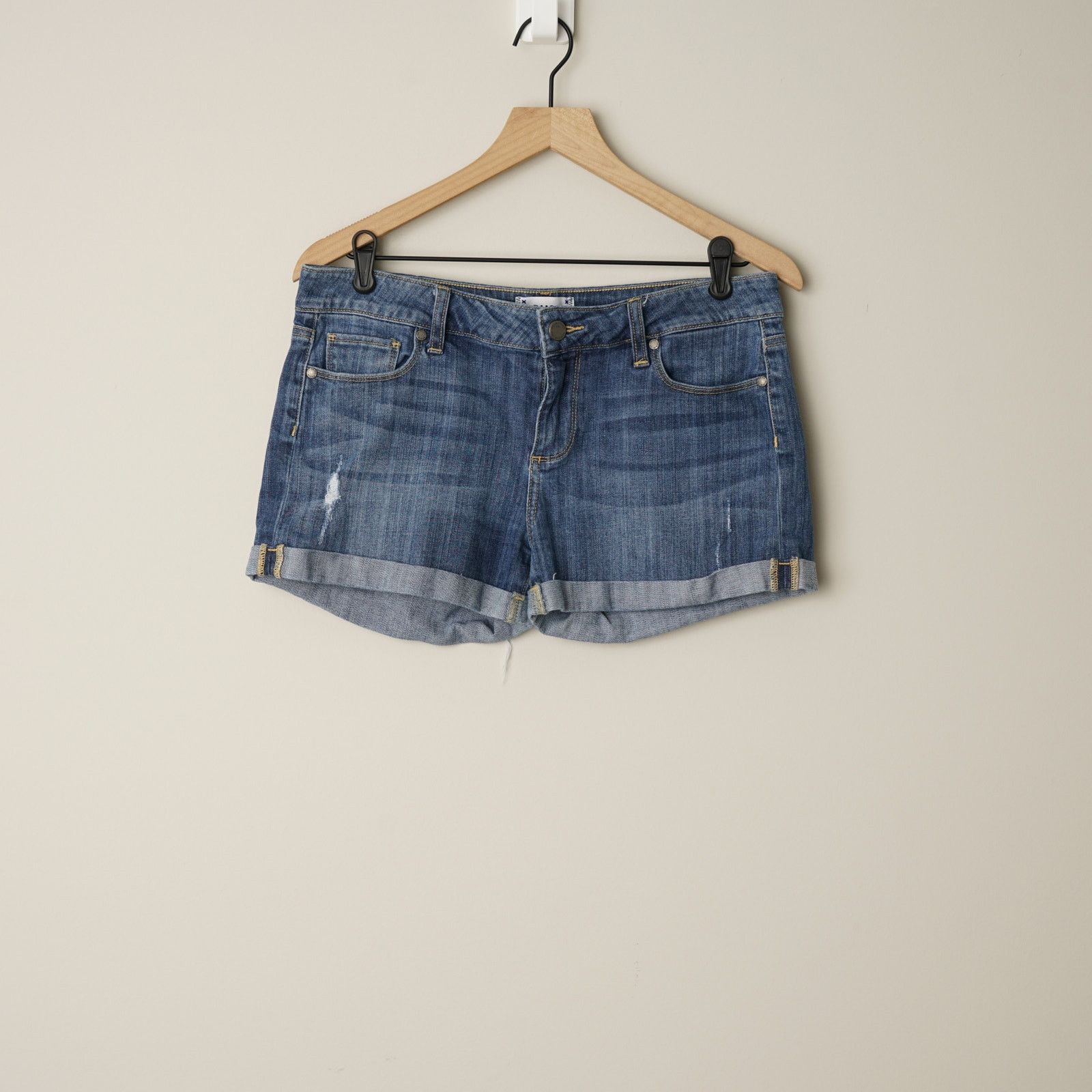 Paige Paige Rolled Cuff Hem Distressed Jean Shorts Medium Wash Zip Size 29" - 1 Thumbnail