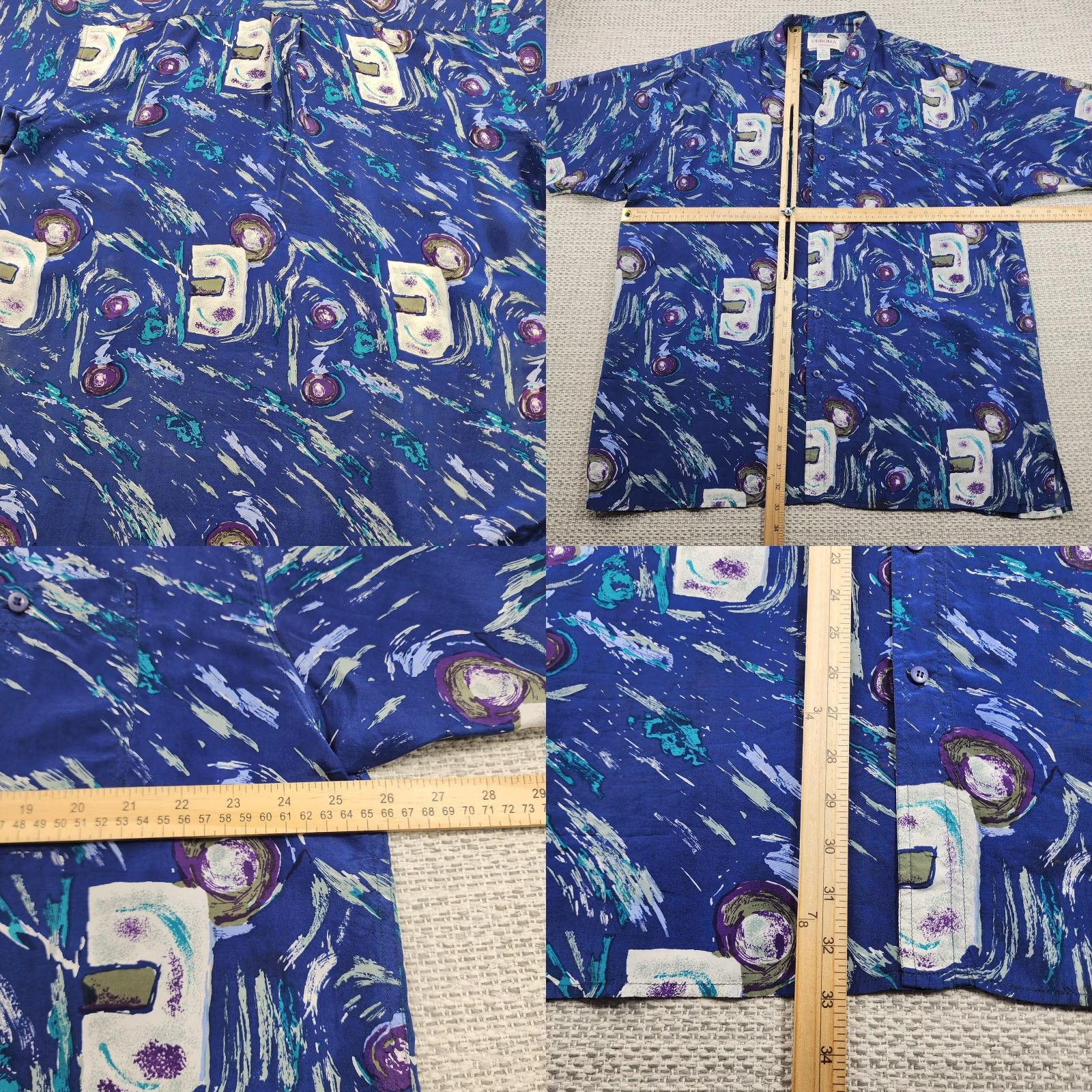 Merona VINTAGE Verona Original Shirt Mens XL Blue 100% Silk Short Sleeve Button Up Abstract Graphic Print 90s Beach California Hawaiian Size US XL / EU 56 / 4 - 8 Thumbnail