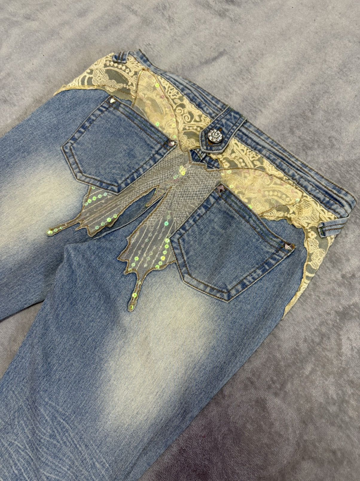 Japanese Brand × Vintage Embellished Butterfly Studded Rhinestone Flared Jeans Size 29" - 4 Thumbnail