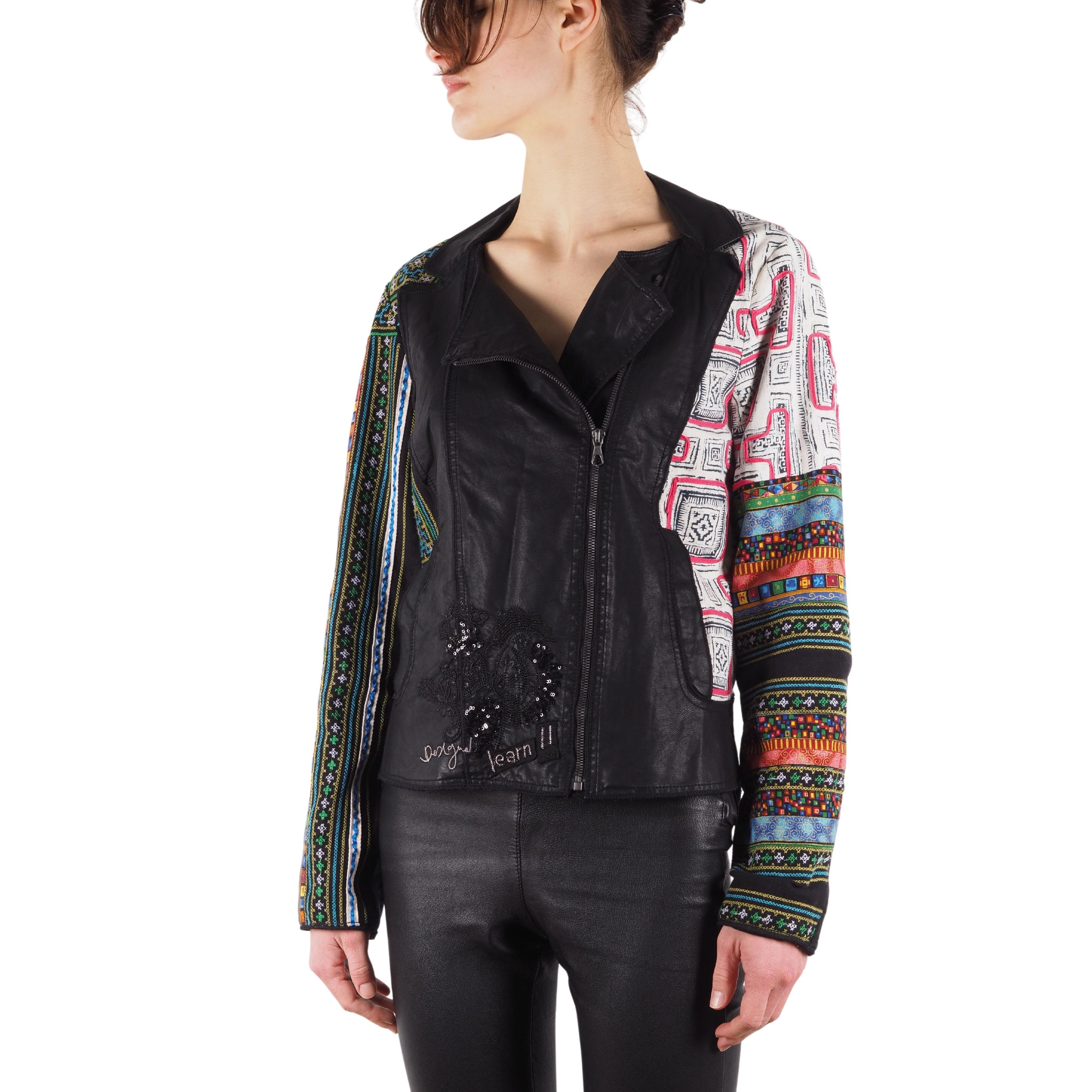 Desigual Desigual Black Faux Leather Embroidered Moto Biker Jacket Size M / US 6-8 / IT 42-44 - 1 Thumbnail