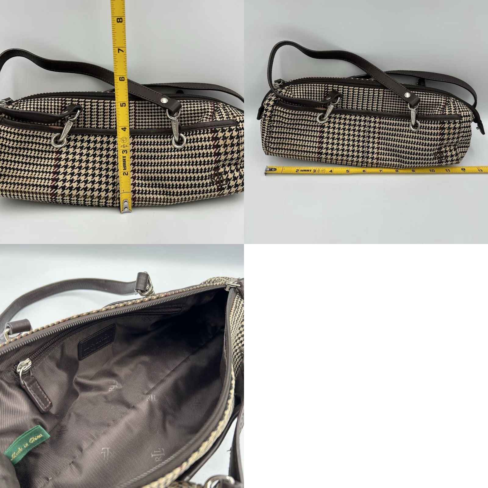 Ralph Lauren VINTAGE Lauren Ralph Lauren Womens Brown Multi Houndstooth Fabric Zip Shoulder Bag Size ONE SIZE - 8 Thumbnail