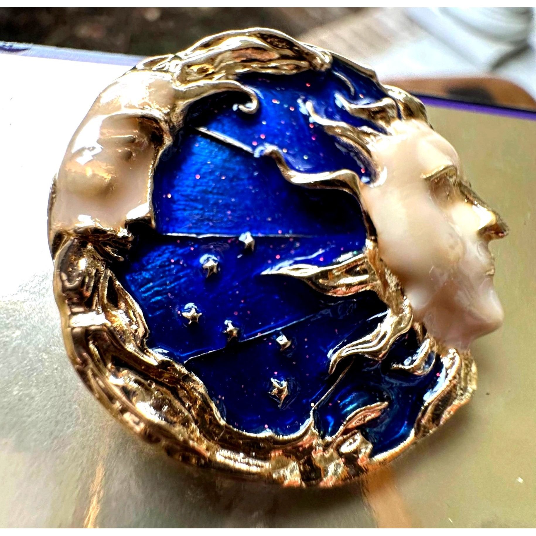 Handmade Celestial Moon Sun Brooch Pin New Gold Navy Yours is the Lig Size ONE SIZE - 3 Thumbnail