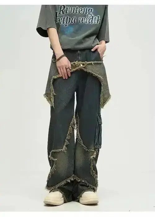 Japanese Brand Star Patch Hombre Distressed Baggy Jean Pant Size US 30 / EU 46 - 3 Thumbnail