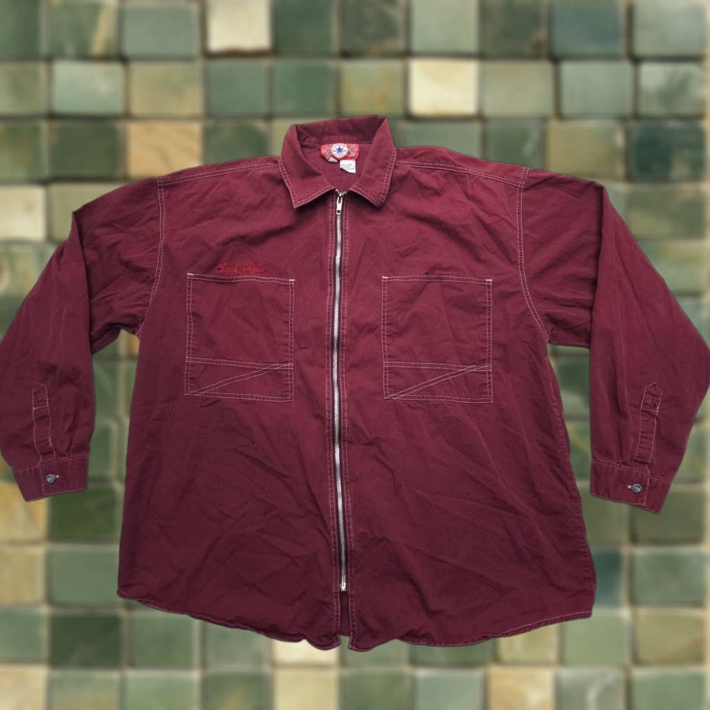 Converse VINTAGE Converse Chuck Taylor Full Zip Shirt Jacket Mens XL Red Twill Jacket with Zip, Solid Pattern, 90s Theme, USA, Outdoor, Walking, Shacket Size US XL / EU 56 / 4 - 1 Thumbnail