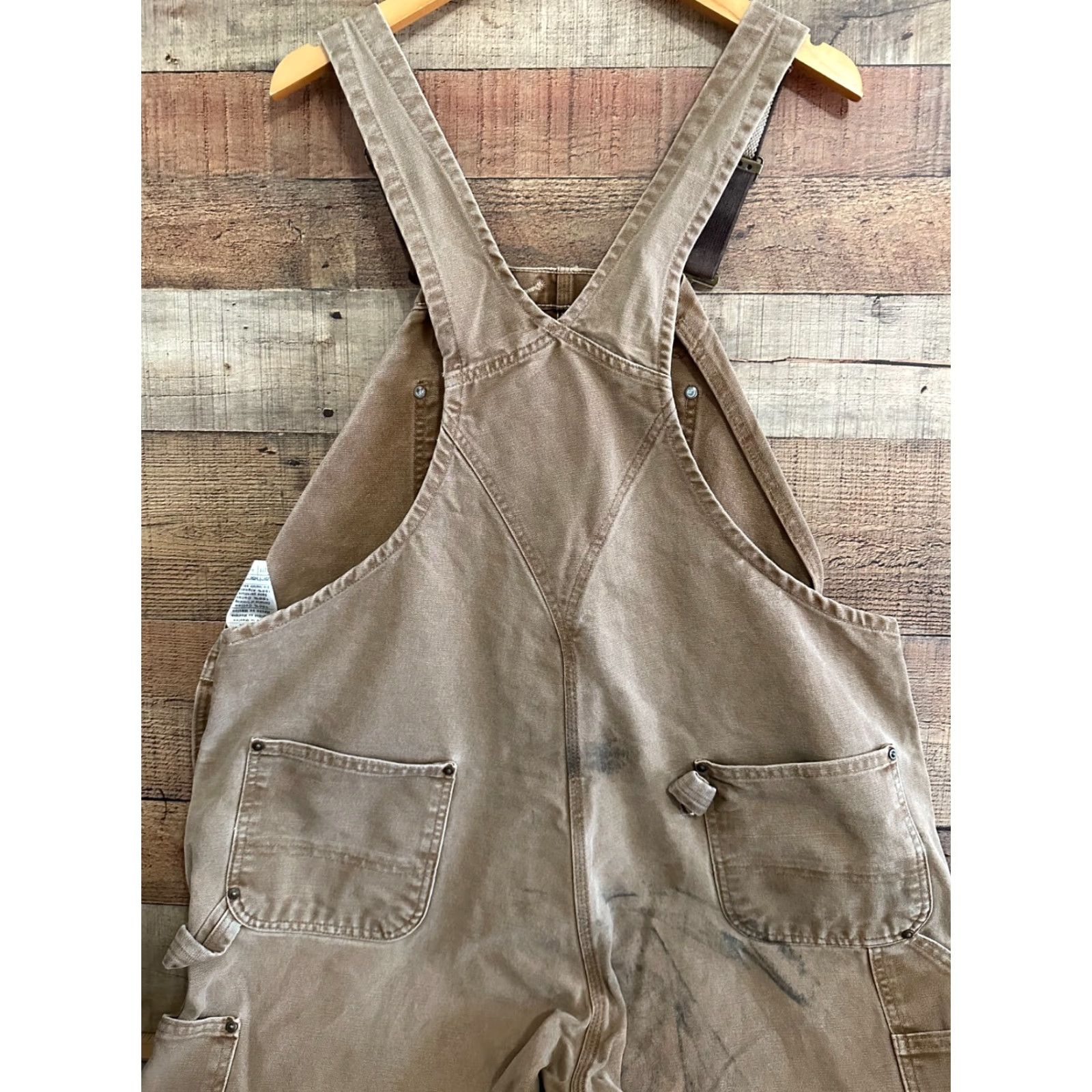Carhartt VINTAGE Carhartt R01 BRN Men's 44x30 Khaki Duck Carpenter Bib Overalls Distressed Lot 2 pairs Size US 44 / EU 60 - 5 Thumbnail