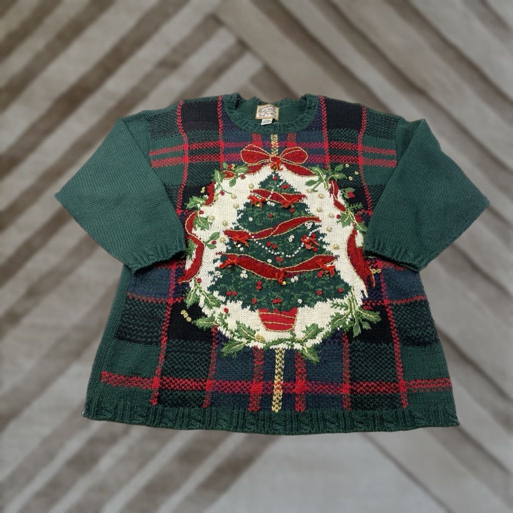 Bell VINTAGE Heirloom Collectibles Sweater Christmas Crewneck Women 18/20 Green Knit Cotton Blend Bell Bow Christmas Tree Belle 90s Size XXL / US 16-18 / IT 52-54 - 1 Thumbnail