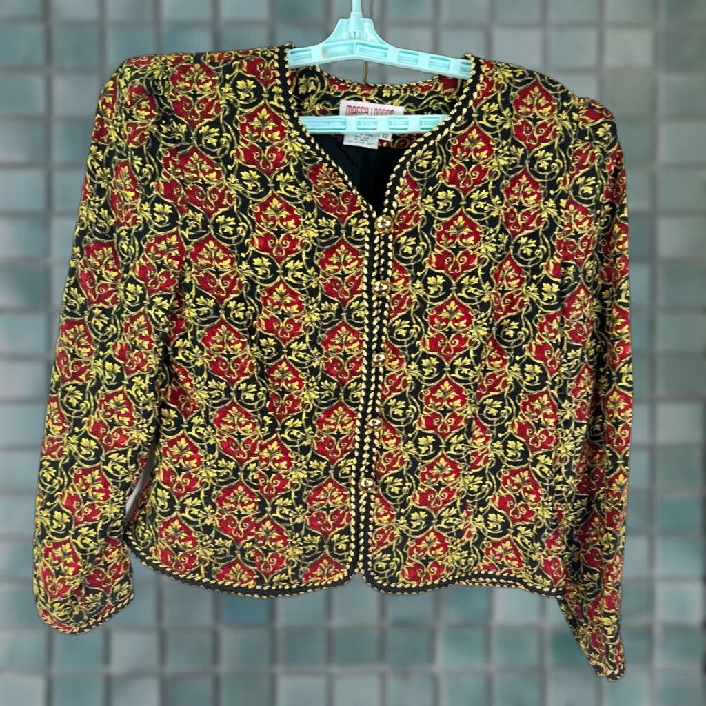 MAGGY LONDON MAGGY LONDON 100% Silk Jacket Blazer Size 12 red/gold/black Rococo Pads light Size XL / US 12-14 / IT 48-50 - 1 Thumbnail