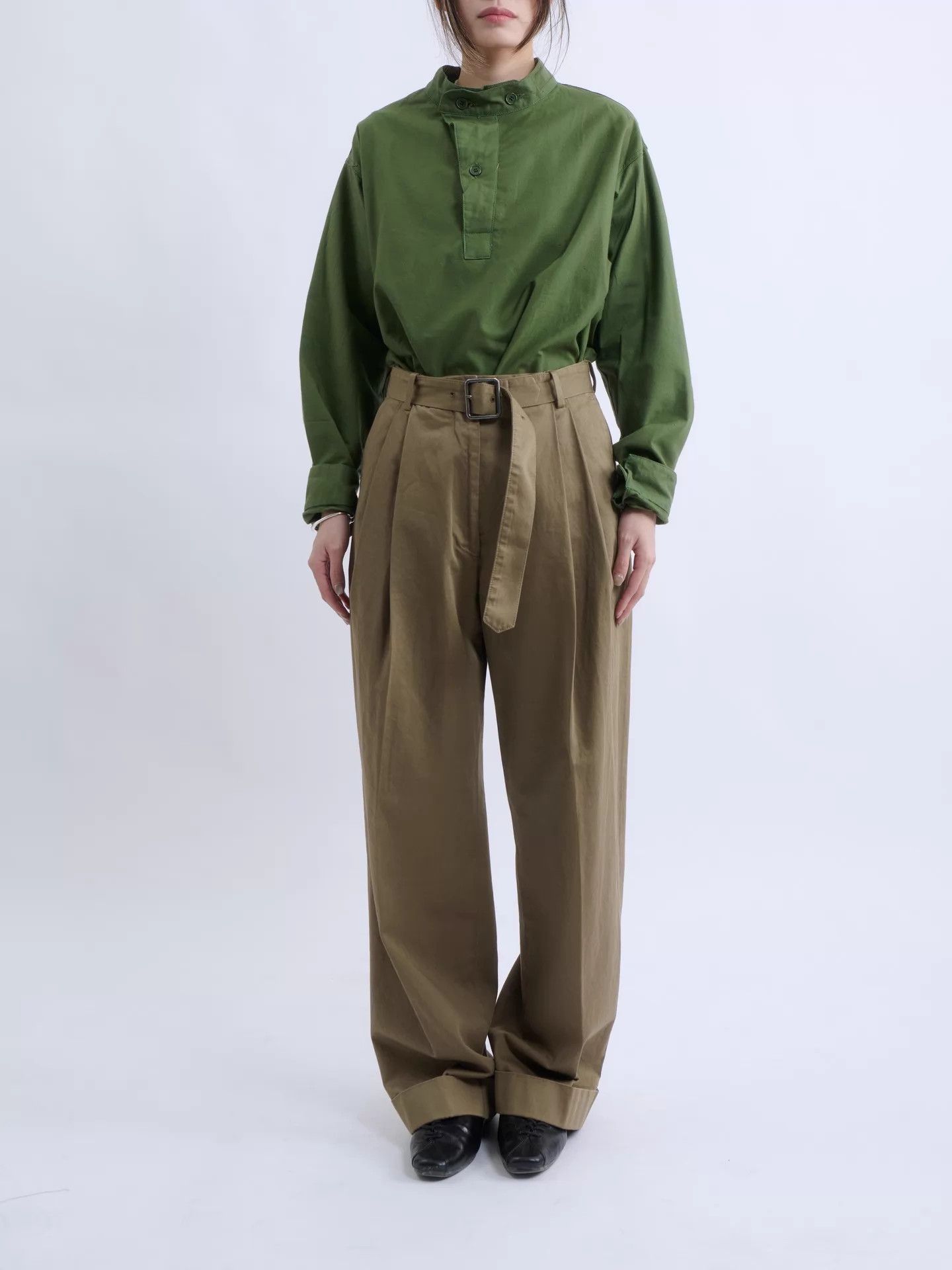 Dries Van Noten DVN 00s Morocco-made Khaki High-Waist Belted Wide-Leg Pants Size 24" / US 00 / IT 34 - 4 Thumbnail