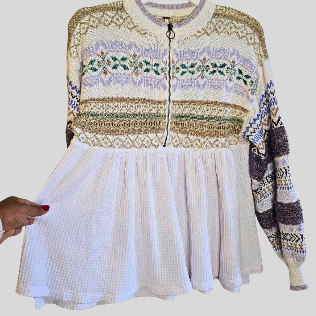 Free People Free People Cozy Cottage Metallic Thermal Sweater White Gold Size XS / US 0-2 / IT 36-38 - 4 Thumbnail
