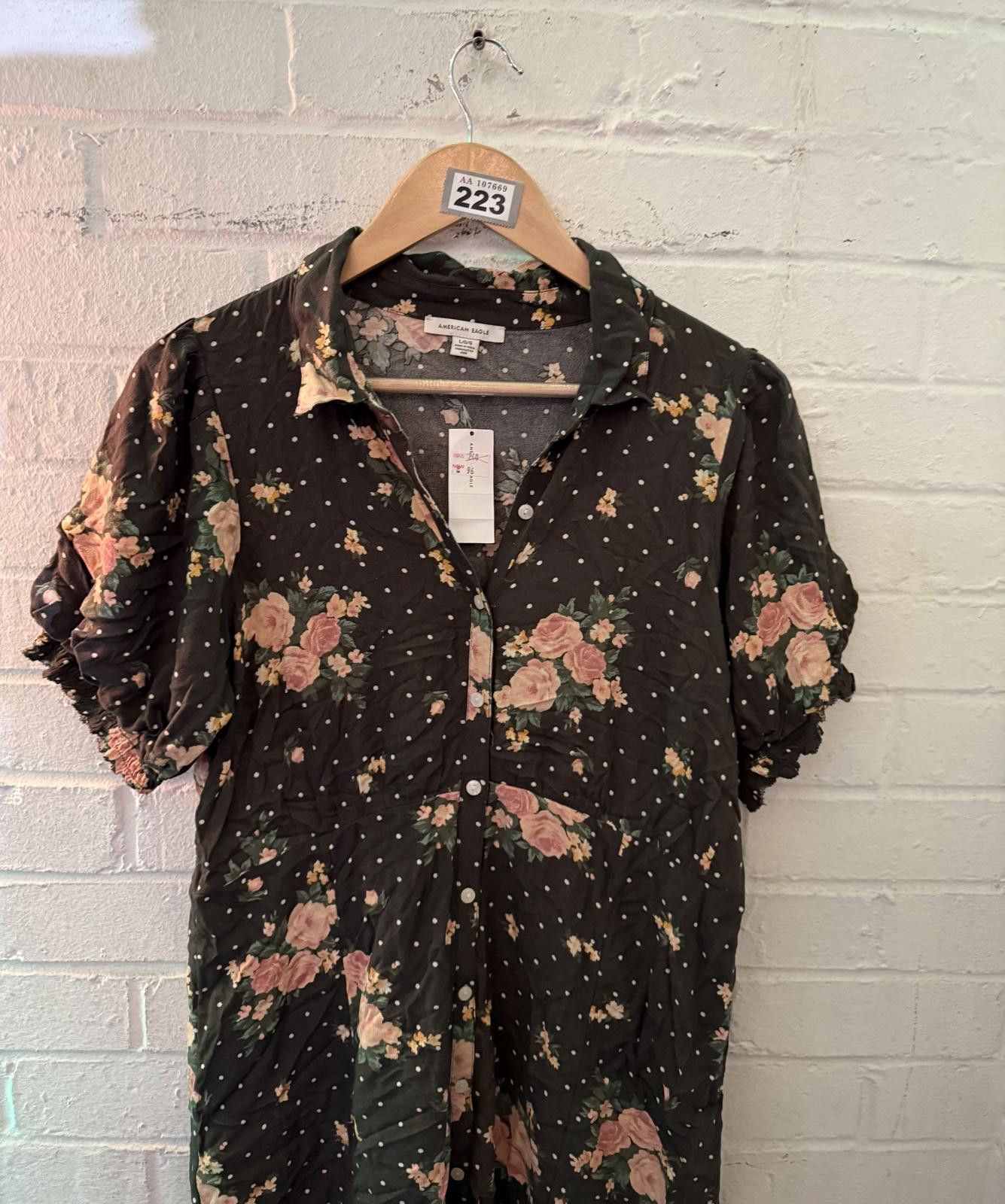 American Eagle Outfitters Black Floral Short Sleeve Shirt Dress Size M / US 6-8 / IT 42-44 - 3 Thumbnail