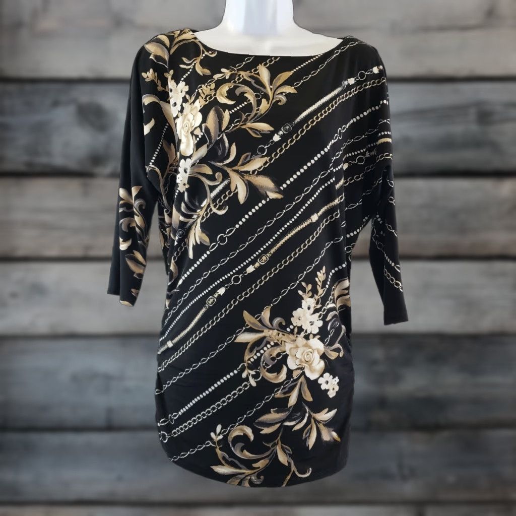 White House Black Market White House Black Market Womens Blouse Sz XS Floral Dolman Sleeve Boat Neck Top 3/4 Sleeve Black Tan Floral XS Womens Blouse Size XS / US 0-2 / IT 36-38 - 1 Thumbnail